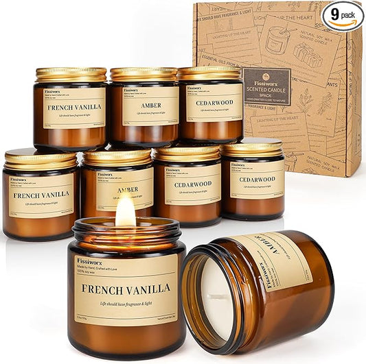 9 Pack Soy Candles for Home Scented |（Vanilla/Amber/Cedarwood） Long-Lasting 270 Hours, Natural Scented Candles Gift for Women & Men, Birthday, Mother’s Day, Christmas, Thanksgiving