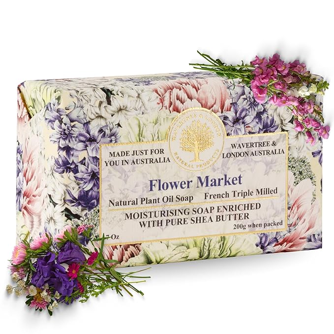 Wavetree & London Flower Market Scented Natural Soap Bar, 7oz Moisturizing French Triple Milled Soap Bar for Women & Men Enriched with Organic Shea Butter, Pure Bath & Body Soap (1 Bar)