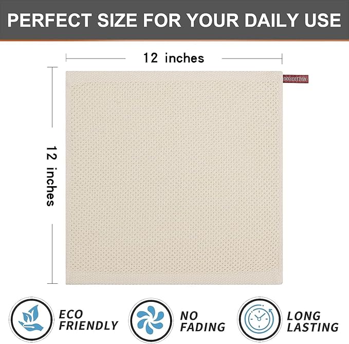Kitinjoy 100% Cotton Kitchen Dish Cloths, 12 Pack Waffle Weave Ultra Soft Absorbent Dish Towels for Drying Dishes Quick Drying Kitchen Towels Dish Rags, 12 X 12Inch, Beige