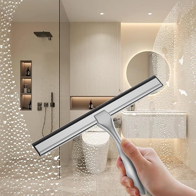 peafowl Shower Squeegee Stainless Steel Bath Squeegee for Shower Glass Doors Bathroom Windows Kitchen Mirror and Car Glass with Hooks Holder (10 inch, Brushed Silver)