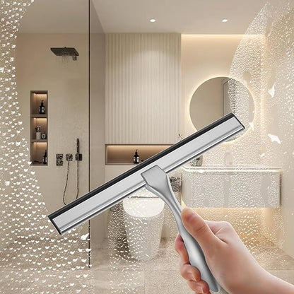 peafowl Shower Squeegee Stainless Steel Bath Squeegee for Shower Glass Doors Bathroom Windows Kitchen Mirror and Car Glass with Hooks Holder (10 inch, Brushed Silver)