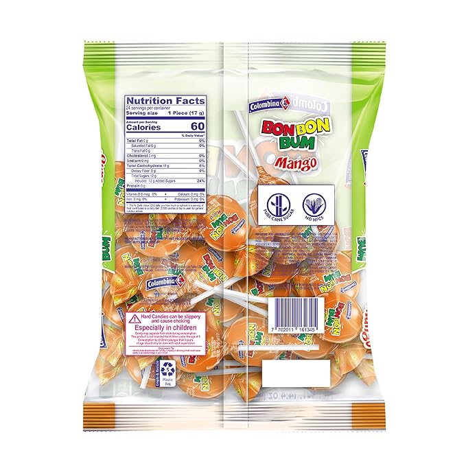Colombina Bon Bon Bum Lollipops w/Bubble Gum Center, Mango Flavor, Individually Wrapped, Ideal for Party Favors and Gifts, 1 Pack (24 Count)