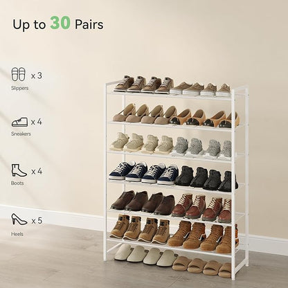 Shoe Rack, Metal Shoe Organizer, 6 Tier Garage Shoe Rack Max Holds 30 Pairs,Shoe Storage Shelf for Closet,Entryway,White