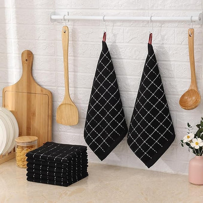 Mordimy 100% Cotton Terry Cloth Dish Cloths, Soft and Absorbent Checkered Dish Towels, Quick Drying Dish Rags for Washing Dishes, 6 Pack, 12 x 12 Inches, Black