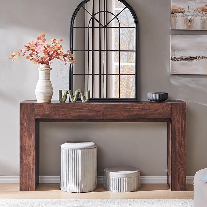 OKD Modern Entryway Console Table, Sofa Table with Drawers, 63" Long Hall Table Behind Couch, Thick Wood Design for Living Room, Hallway - Dark Walnut