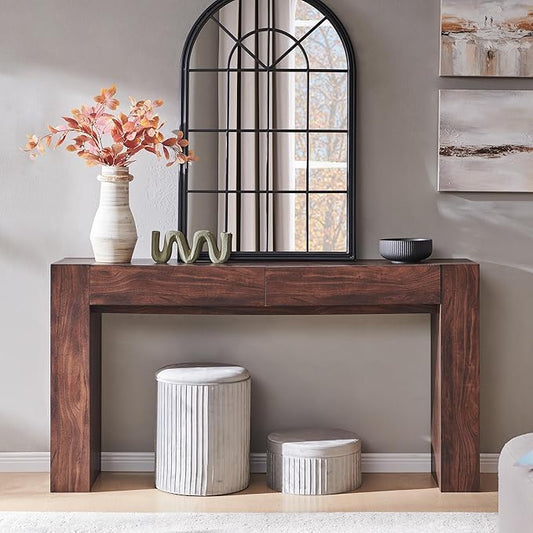OKD Modern Entryway Console Table, Sofa Table with Drawers, 63" Long Hall Table Behind Couch, Thick Wood Design for Living Room, Hallway - Dark Walnut