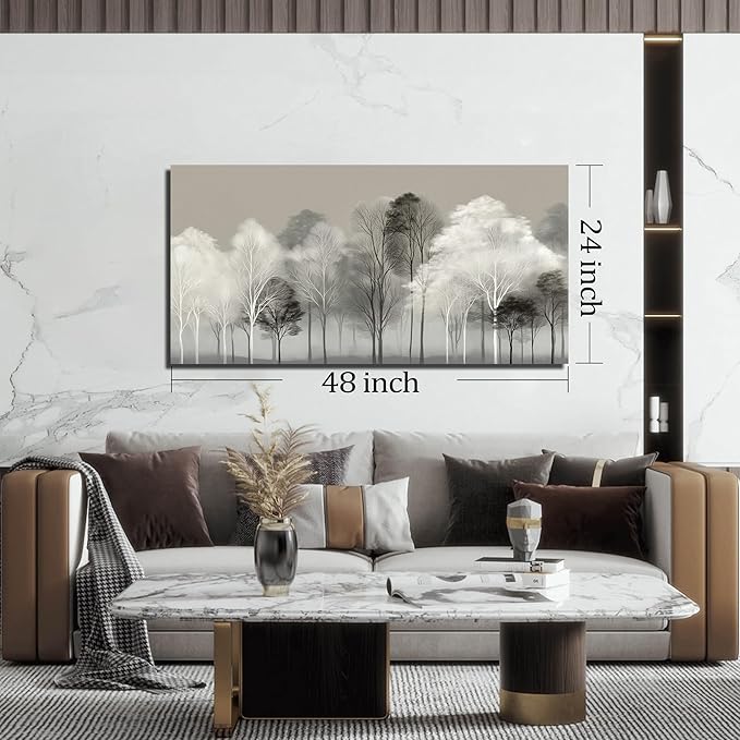 Prepeyssee Black and White Tree Wall Art for Living Room Large Landscape Modern Artwork Gray Forest Picture for Bedroom Home Office Ready to Hang 24x48 Inch