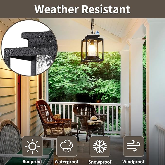 Outdoor Pendant Lights, Dusk to Dawn Modern Outdoor Porch Chandelier Lantern with Sensor, Black Exterior Hanging Porch Light with Hammered Glass, Adjustable Long Chain, OS-KY1001