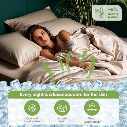 TWK Luxury Sheet Set, Genuine 100% Organic Viscose Derived from Bamboo, Cooling & Breathable, Silky Soft, Bedding Sheets & Pillowcases(Sand Queen(60 * 80 * 15))