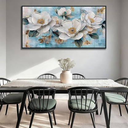 Ardemy White Floral Wall Art, Framed Teal Canvas Wall Art For Living Room Large Magnolia Pictures Wall Decor Flower Paintings Artwork for Walls Dining Room Bedroom Home Office 58"x29"