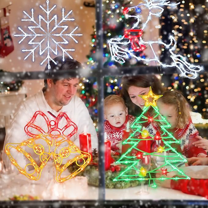 Christmas Decorations - 16" Christmas Window Silhouette Lights - 4 Pack Colour Lighted Christmas Tree ＆ Snowman ＆ Santa ＆Bell for Holiday Indoor and Outdoor Wall Door Window Decorate