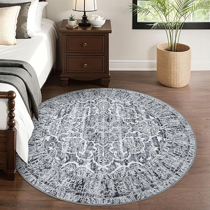 KUTA Round Rugs 6ft, Grey Blue White Circle Rug Washable 6ft, Non-Slip Printed Vintage Medallion Carpet for Living Room Dining Kitchen Indoor Entryway