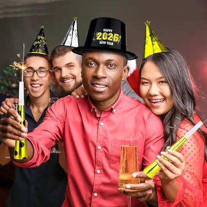 200PCS New Years Eve Party Favors, 100 Guests Happy New Year Hats, New Year Party Supplies Gold Silver Black, Foil NYE Noise Makers Cardboard Horns Cone Hats New Year Tiara New Years Gathering