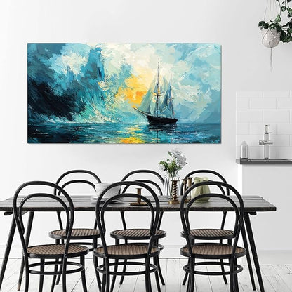 Canvas Wall Art Decor Abstract Canvas Art Wall Decor Abstract Coastal Wall Art Prints Modern Blue Green Wall Art Decorations Artwork for Walls Foggy Boat Bedroom Office Kitchen Wall Decor 20" X 40"