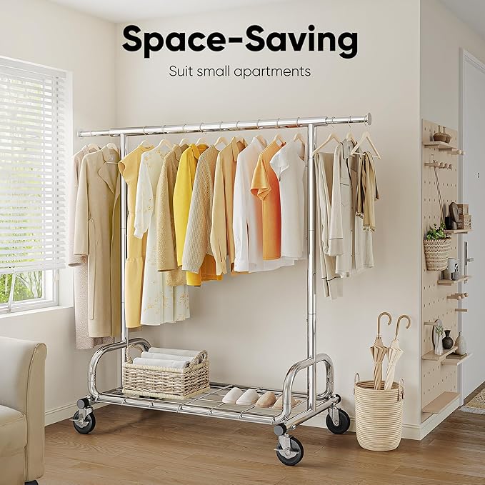 HOKEEPER Clothes Rack Clothing Racks for Hanging Clothes, Portable Clothes Rack with Lockable Wheels, Commercial Heavy Duty Garment Rack for Bedroom, Living Room, Laundry, Balcony