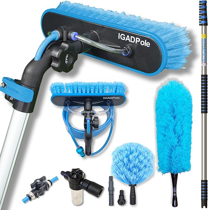 IGADPole Washing Kit: Water-fed Brush with Soap Dispenser, Cobweb Dusters, with 5-Stage Telescoping Pole 5-20ft Pole/Window and Dusting Cleaning Kit