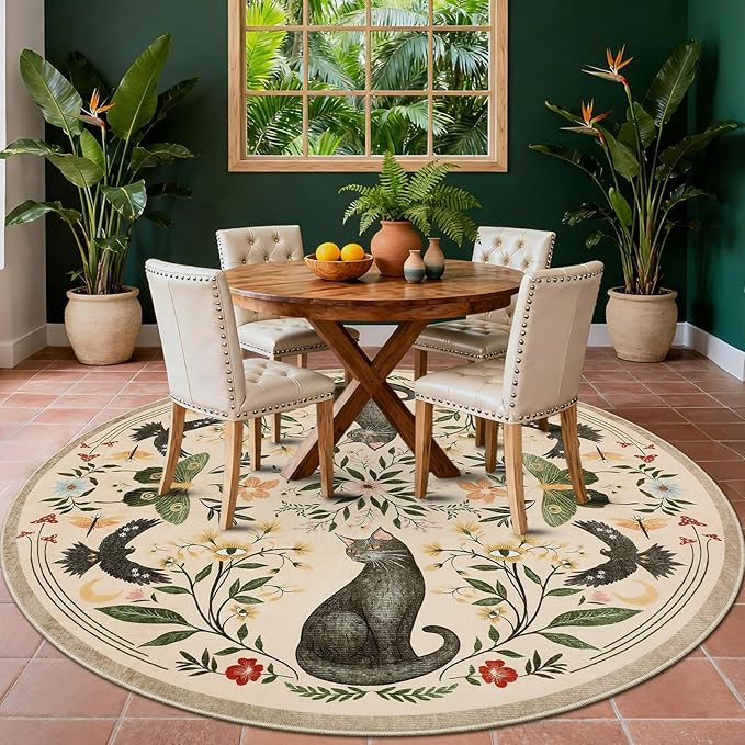 GarveeHome Round Area Rugs 5ft for Bedroom, Cat Beige Washable Circle Rug Soft Non Slip Mushroom Floral Floor Mat Carpet Indoor Thin Rug for Bedroom Dining Room Playroom Nursery Gothic Decor