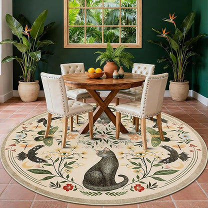 GarveeHome Round Area Rugs 5ft for Bedroom, Cat Beige Washable Circle Rug Soft Non Slip Mushroom Floral Floor Mat Carpet Indoor Thin Rug for Bedroom Dining Room Playroom Nursery Gothic Decor