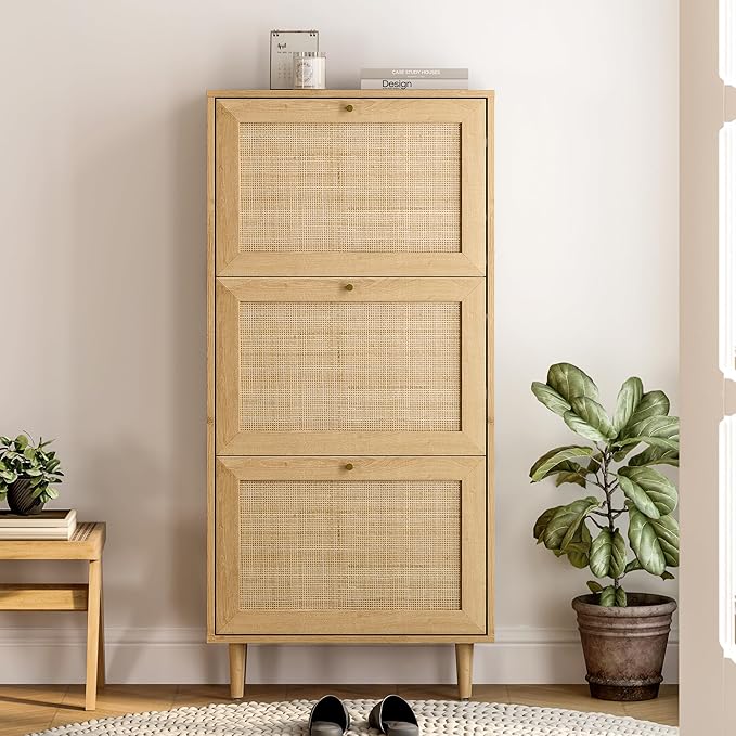 Narrow Shoe Cabinet with 3 Flip Drawers Set of 2 Hidden Freestanding Shoe Rack with Rattan Doors Wooden Shoe Storage Cabinet with Wood Legs for Entryway Slim Hallway Apartment, Natural Oak