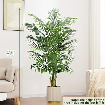 2 Pack Artificial Palm Tree Indoor Plant 7FT Tall Fake Tropical Palm Tree in Pot, Real Bark Design Faux Areca Palm Tree for Home Office Living Room Bedroom Farmhouse Modern Outdoor Topiary Tree