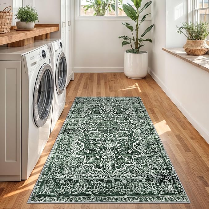 KUTA 3x5 Vintage Area Rug, Floral Kitchen Rugs Dark Green Washable Non-Slip, Ultra Soft Printed Distressed Medallion Entry Carpet Low-Pile Throw for Entrance Bedroom Living Room