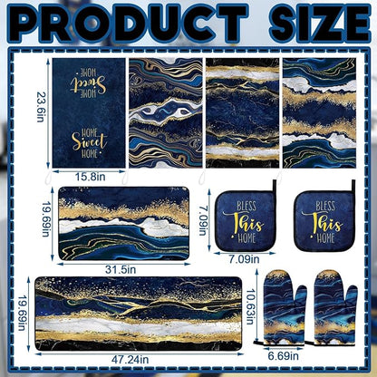 10 Pcs Christmas Marble Farmhouse Kitchen Decor Accessories Set Marble Kitchen Dish Towels Rugs Oven Mitts and Pot Holders Sets for Cooking Baking Daughter Mom Gift(Blue)
