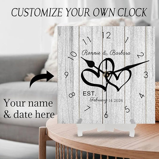 Personalized Couples Square Wall Clock with Name Date, Custom Farmhouse Wall Clock for Living Room Kitchen Bathroom, Home Decor Gifts for Christmas Birthday Valentine's Anniversary Wedding