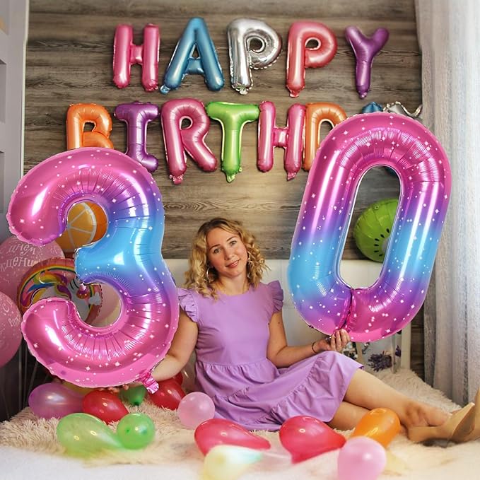 40 Inch Rainbow Foil Balloon Number 8, Giant Self Inflating Gradient Blue Pink Number Balloons 0-9 for Women, Starry Print 8 Helium Balloons Set for Girls 8th Birthday Party Decorations Supplies