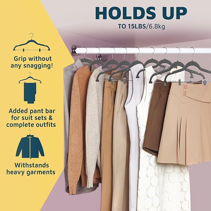 Velvet Skirt Hangers – with Adjustable Clips, 360 Degree Swivel Hook, and Non-Slip Shoulder Notch, Holds Up to 10 lbs, for Organizing Skirt, Pants, Dress, and Clothes, Pack of 50, Gray