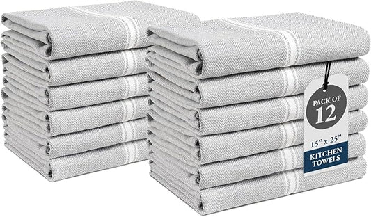 LANE LINEN Kitchen Towel Set, Pack of 12-14"x25" Tea Towels for Kitchen, Dish Drying Towels, Absorbent & Machine Washable, Soft & Durable, Reusable Cleaning Cloth for Glassware - Grey Chambray