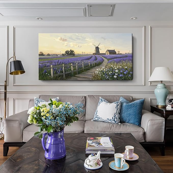 amatop Oversized Wall Picture for Living Room Farmhouse Purple Lavender Artwork Pastoral Countryside Scenery Daisy Flowers Floral Canvas Prints Panoramic Sunset Landscape Picture Bedroom 58x29 In