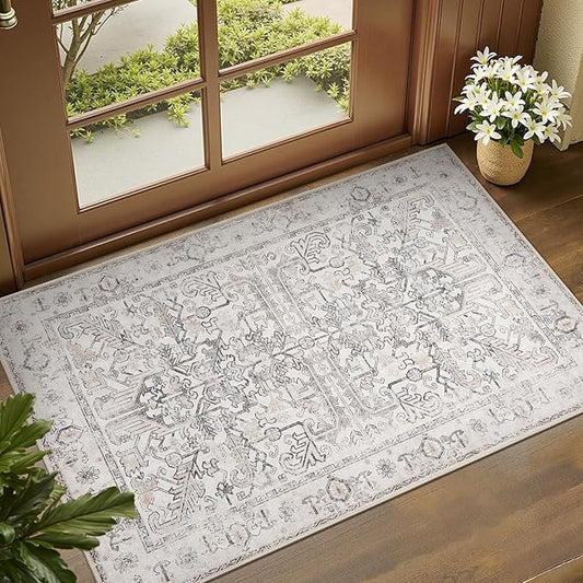 jinchan 2x3 Entryway Washable Rug - Non-Slip Indoor Distressed Doormat Small Rug Low Pile Ultra-Thin Accent Floral Print Indoor Mat for Entrance Kitchen Bathroom Bedroom (2x3ft,Taupe)