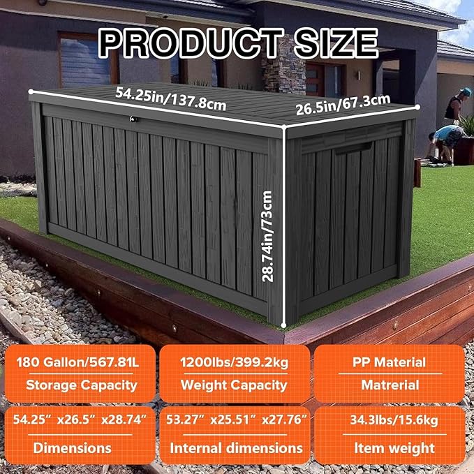 180 Gallon Outdoor Storage Box Patio Deck Box Waterproof, Resin Lockable Outside Large Storage Bin for Pool Cushion Furniture, Garden Tools UV-Resistant, Black