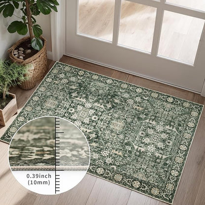 Area Rug 5×7 Washable Rugs for Bedroom, Vintage Floral Rug Soft Non Slip Stain Resistant Carpet for Living Room Dinning Room Kitchen Home Office Green Black