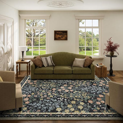 Washable Living Room Area Rug: 5x7 Rugs for Bedroom Vintage Stain Resistant Non Slip Low Pile Soft Lightweight Carpet Rug for Kitchen Dining Room Kids Room Nursery Living Room