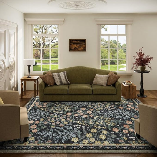 Washable Living Room Area Rug: 5x7 Rugs for Bedroom Vintage Stain Resistant Non Slip Low Pile Soft Lightweight Carpet Rug for Kitchen Dining Room Kids Room Nursery Living Room