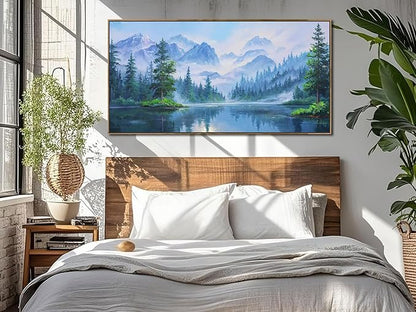 Ardemy Lake Canvas Wall Art for Living Room Large Framed Teal Landscape Pictures Bedroom Wall Decor Textured Misty Forest Scenery Paintings Artwork for Walls Home Office, 48"x24"