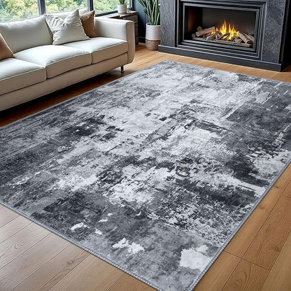 KOZYFLY Modern Abstract Area Rug 8x10 Gray Washable Large Living Room Thin Rugs Bedroom Non Skid Carpet with Faux Wool Soft Low Pile for Dining Room Living Room Office Dorm Kitchen Table Apartment