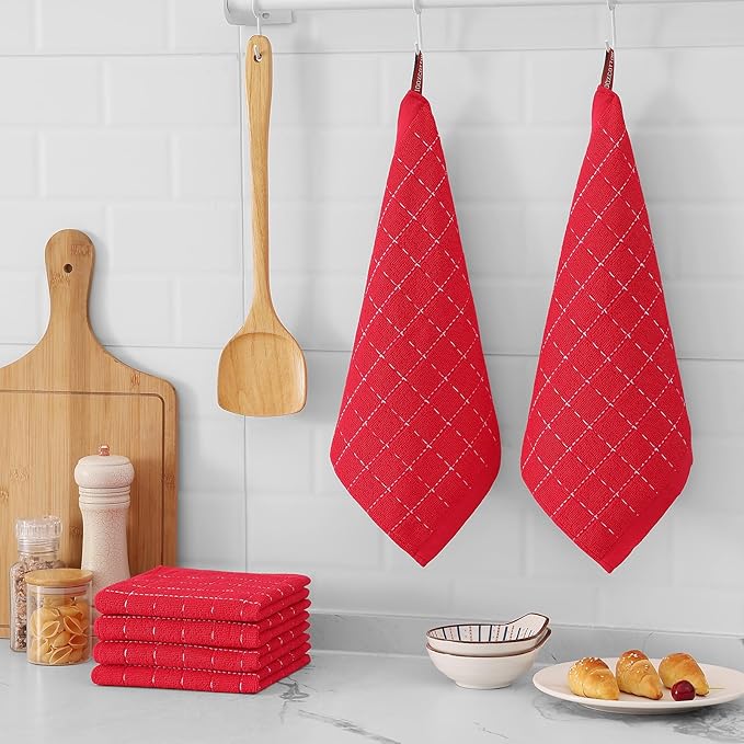 Mordimy 100% Cotton Terry Cloth Dish Cloths, Soft and Absorbent Checkered Dish Towels, Quick Drying Dish Rags for Washing Dishes, 6 Pack, 12 x 12 Inches, Red