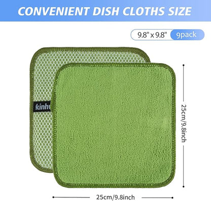 KinHwa Kitchen Washcloths for Dishes Absorbent Microfiber Dish Cloths Quick Dry Dish Rags with Poly Scour Scrub Side Ideal for Kitchen Cleaning (Mixing Colors #1, 9inchx9inch 9 Pack)