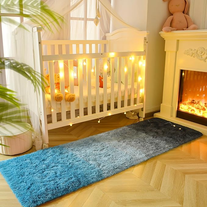 DweIke Luxury Shaggy Runner Rugs for Bedroom, 2x6 Feet Fluffy Runners Carpet for Girls Boys Kids, Non-Slip Extra Comfy Plush Bed Beside Rug for Living Room Nursery Home Decor, Black and Blue