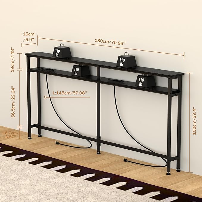70 Inch Double-Layer Narrow Console Sofa Table with 2 Power Outlets &4 AC Plugs&4 USB Ports, 4.9' Extension Cord Included, Behind Couch Table for Living Room/Office Easy Assembly - Black