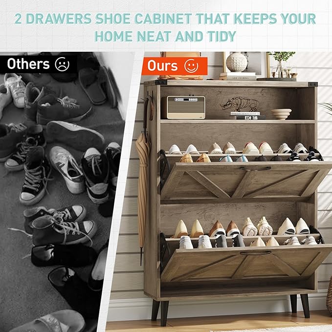 Vabches Shoe Storage Cabinet with 2 Flip Drawers,Freestanding Narrow Shoe Organizer with Open Storage,Hidden Slim Shoe Rack Cabinet for Entryway,Hallway,Grey