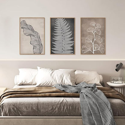 HLNIUC Botanical Neutral Framed Wall Art Set, Abstract Fern Leaf Canvas Wall Decor, Vintage Rustic Plant Wall Painting, Black Beige Nature Art Print for Living Room, Bedroom, Office - 16"x24"x3