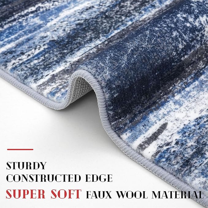Modern Abstract Entryway Rug Indoor 2x3 Washable Rug Non-Slip Soft Small Area Rug Navy Blue Kitchen Mats Thin Print Faux Wool Floor Carpet Throw Rugs for Entrance Bedroom