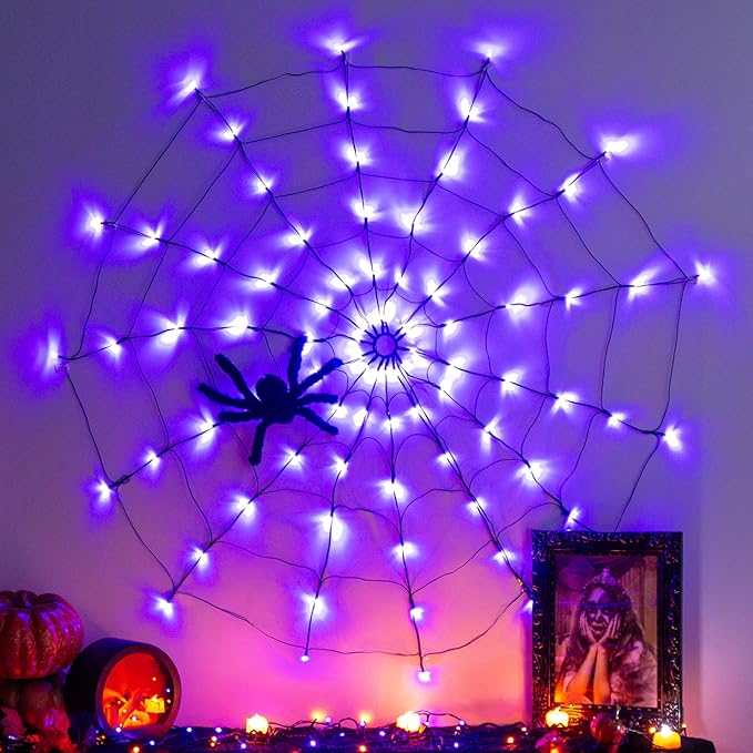 Vanthylit Halloween Decorations, Spider Web Lights Motion-Activated Sensor, 4FT 84LED Light Up Spider Web with Black Spider, Halloween Lights for Window Indoor Outdoor Horror Decor(Orange & Purple)