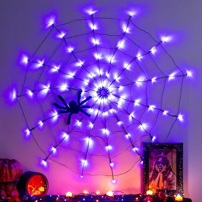 Vanthylit Halloween Decorations, Spider Web Lights Motion-Activated Sensor, 4FT 84LED Light Up Spider Web with Black Spider, Halloween Lights for Window Indoor Outdoor Horror Decor(Orange & Purple)
