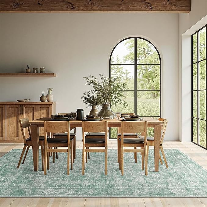 jinchan 6x9 Machine Washable Area Rugs for Living Room – Vintage Floral Soft Stain Resistant Low Pile Rug,Non Slip Ultra-Thin Carpet for Bedroom,Dining Room,Home Office,Nursery (6'x9',Green)