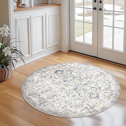 jinchan Round Rug 4ft Area Rug Washable Vintage Indoor Retro Accent Entryway Floor Cover Distressed Floral 4' Round Circle Boho Non Slip Thin Carpet for Kitchen Bedroom Living Room Dining Room Blue