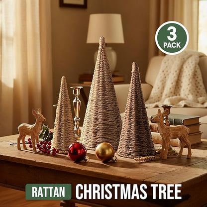 3pcs Natural Woven Christmas Trees Decor, Artificial Christmas Tree Decorations for Home Party Table Village Craft Indoor Outdoor Vintage Christmas Decor(Khaki+Dark Khaki+Natural)